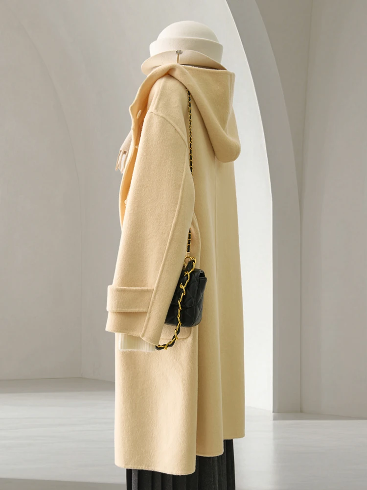Women Long Wool Blend Coat with Hood Loose Fit Cream Duffle Coat Winter Warm Overcoat for Casual & Daily Wear