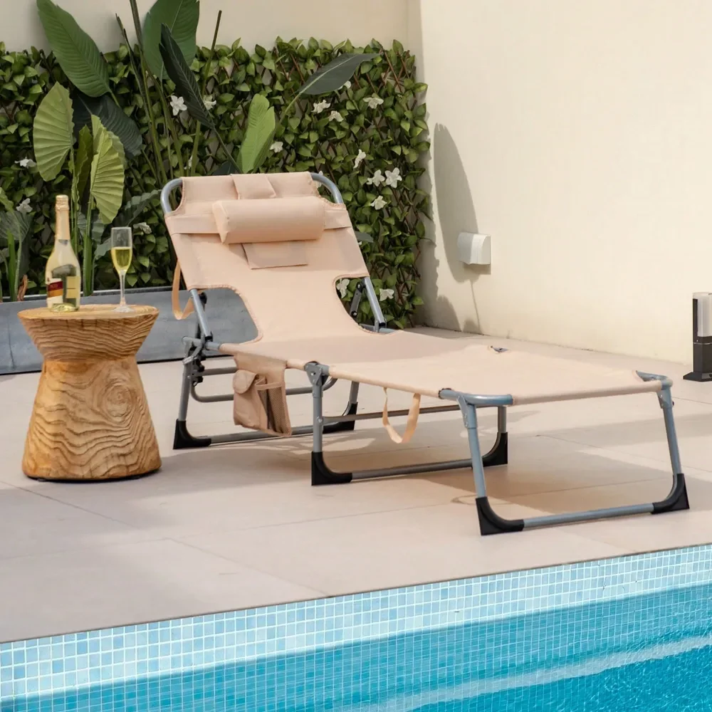 

Outdoor Beach Lounge Chair Folding Chaise Lounge With Pillow Blue Black Grey Turquoise Pink Beige