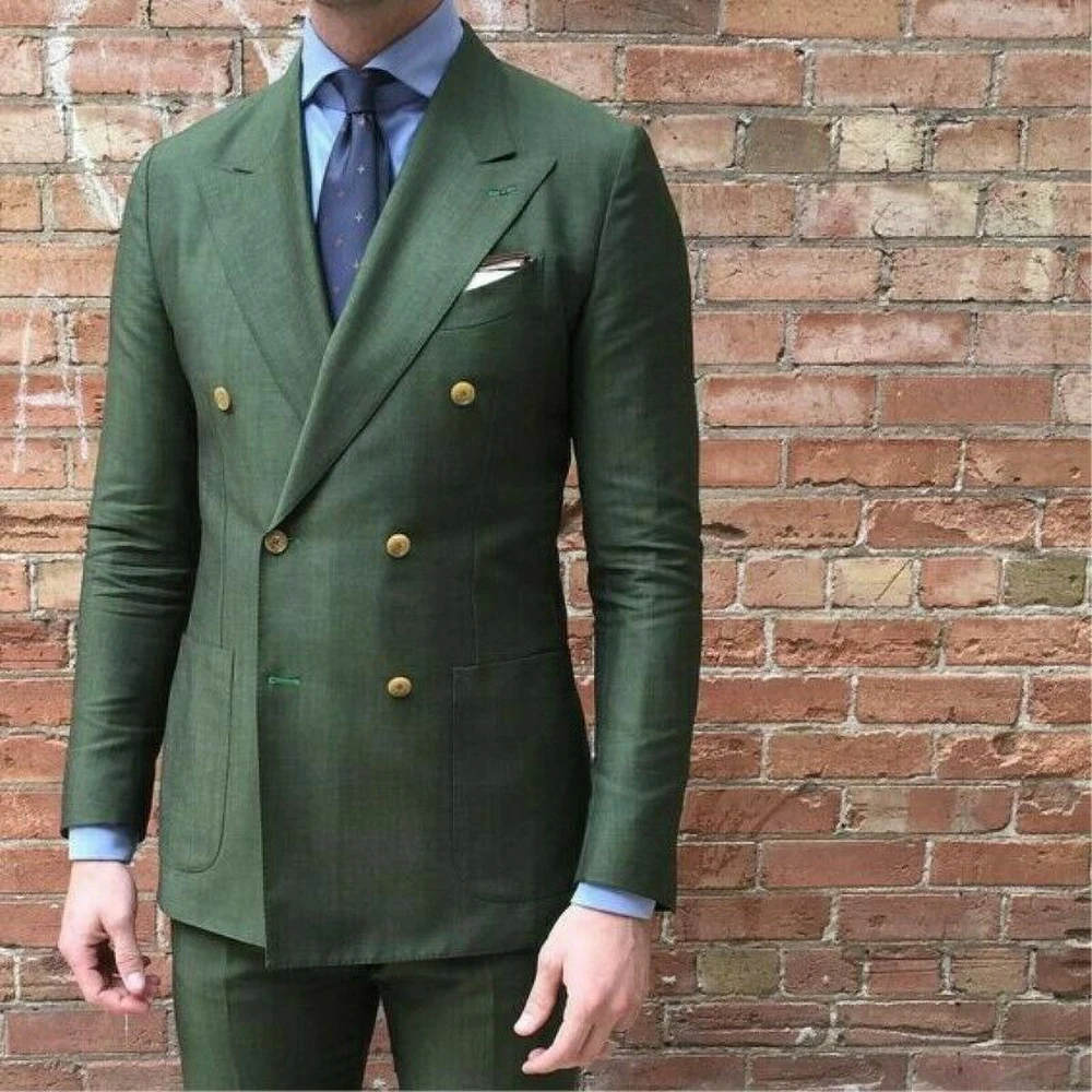 

Fashion Men Suits Gentleman Business Wedding Tuxedo Casual Slim Fit 2 Piece Green Peak Lapel Double Breasted Male Suit Set 2023