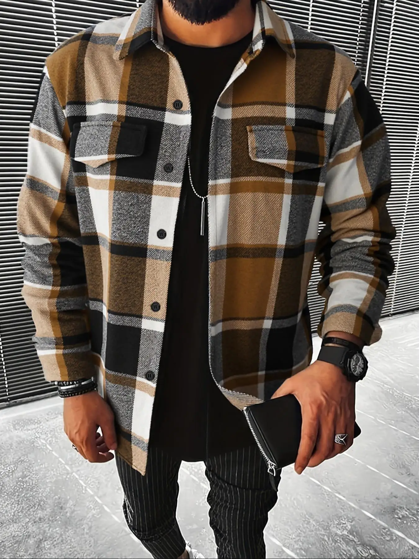 Retro Plaid Shirt Men Casual Elegant Button Up Long Sleeve Shirt Jacket For Spring Fall Business
