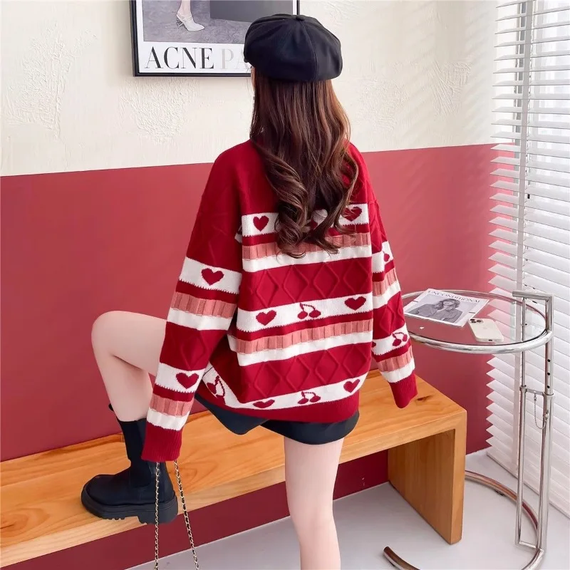 DAYIFUN Round Neck Cherry Knitted Pullovers Women Long Sleeve Underlay Sweaters 2023 Autumn/Winter Casual Loose Jumpers Female