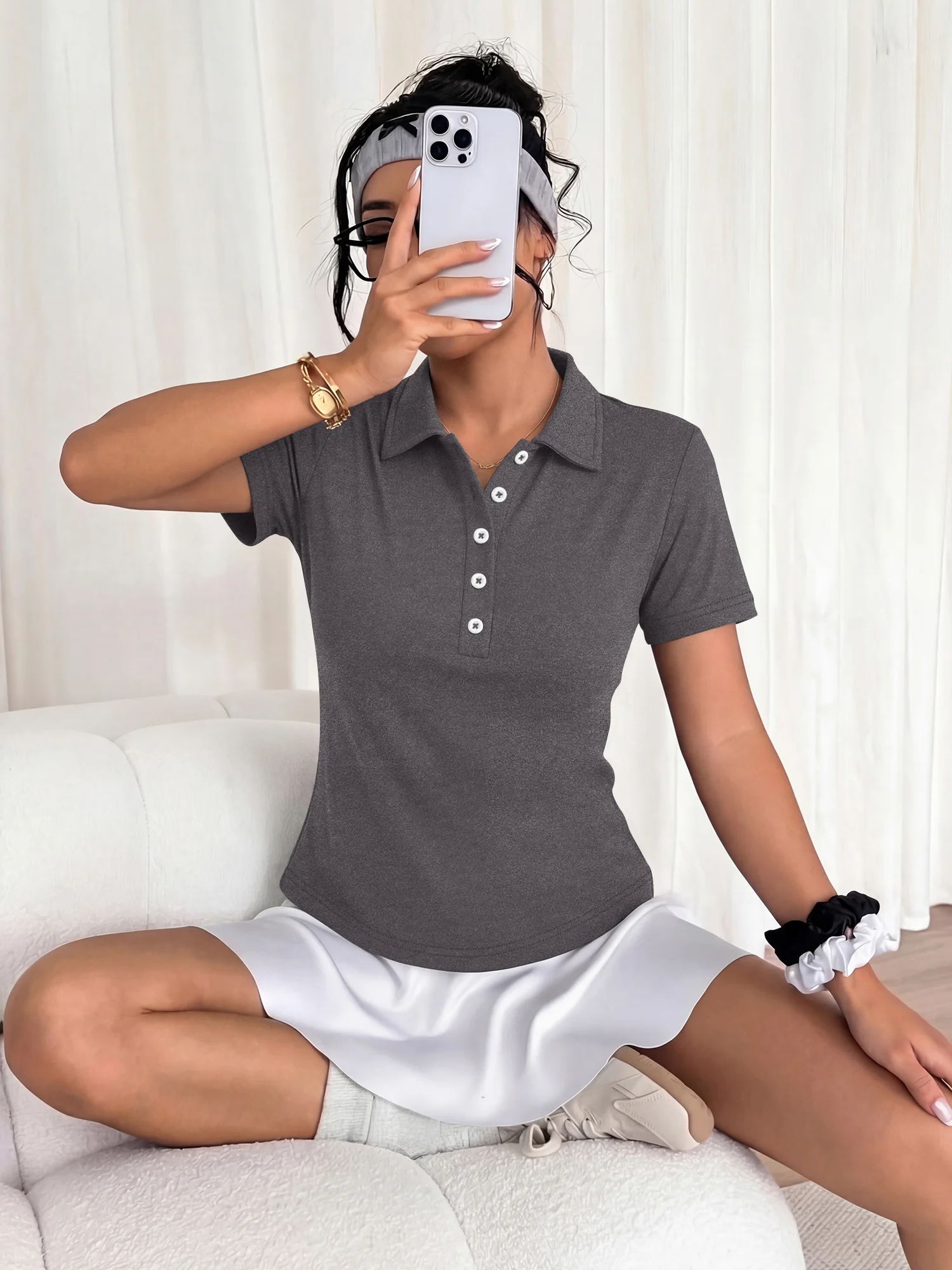Cropped Collared Polo Tee, Half Button Short Sleeve Athletic Top for Tennis Court & Preppy Campus Outfits