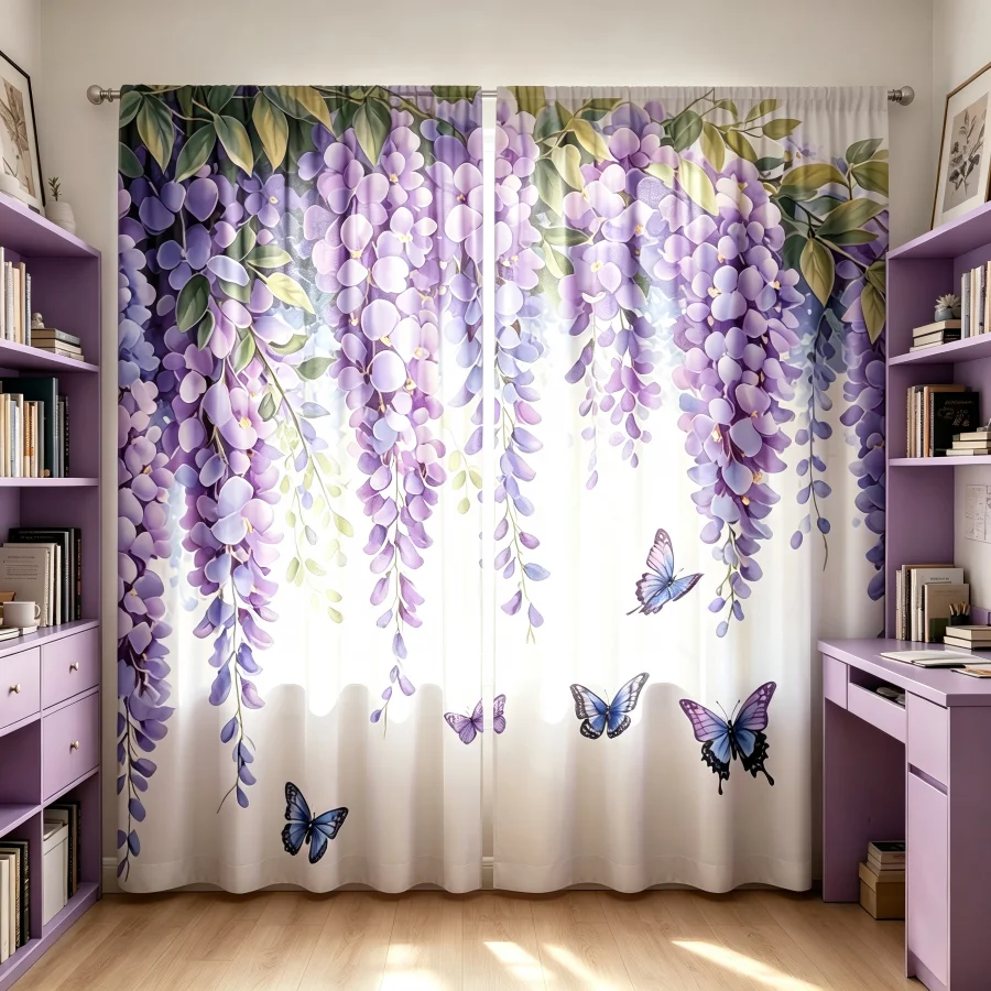 2PCS Digital Print  Curtain, Wisteria Butterfly, Bohemian Style  Curtain Panel for Home Living Room Bedroom Decor