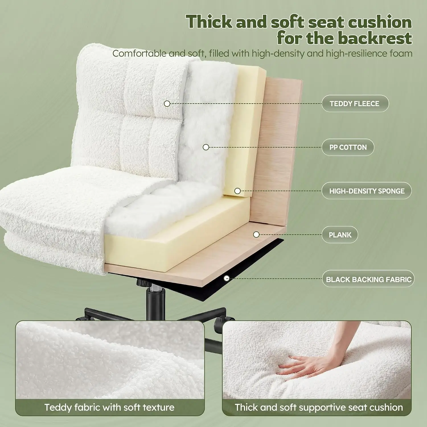 72-Hour Cushion Recovery Armless Office Chair with 27.6-Inch Wide Seat, 6.2-Inch Thick 28D Foam, 2.4-Inch Height Adjustment and 95°–120° Rocking Function