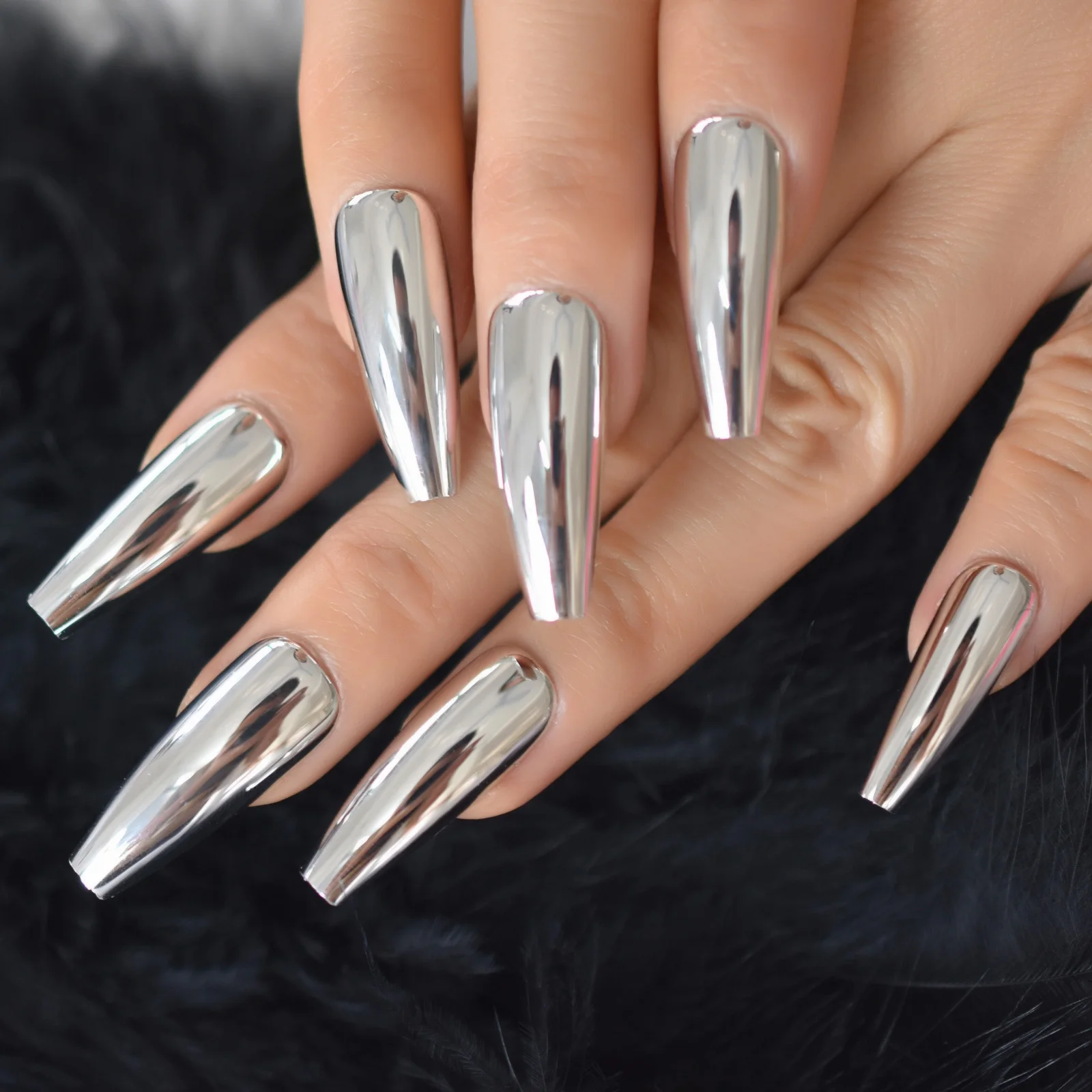 Shiny Punk Style Metallic Silver Coffin False Fake Nails Metal Plating Acrylic Reflective Mirror Press on Ballet Nail Art Tips