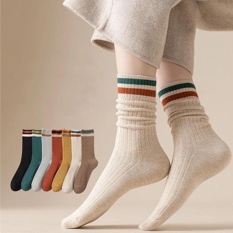 Orange Striped Women Socks Japanese Styles School Girls Thick Warm Socks Women Harajuku Vintage Thermal Long Socks Autumn Winter