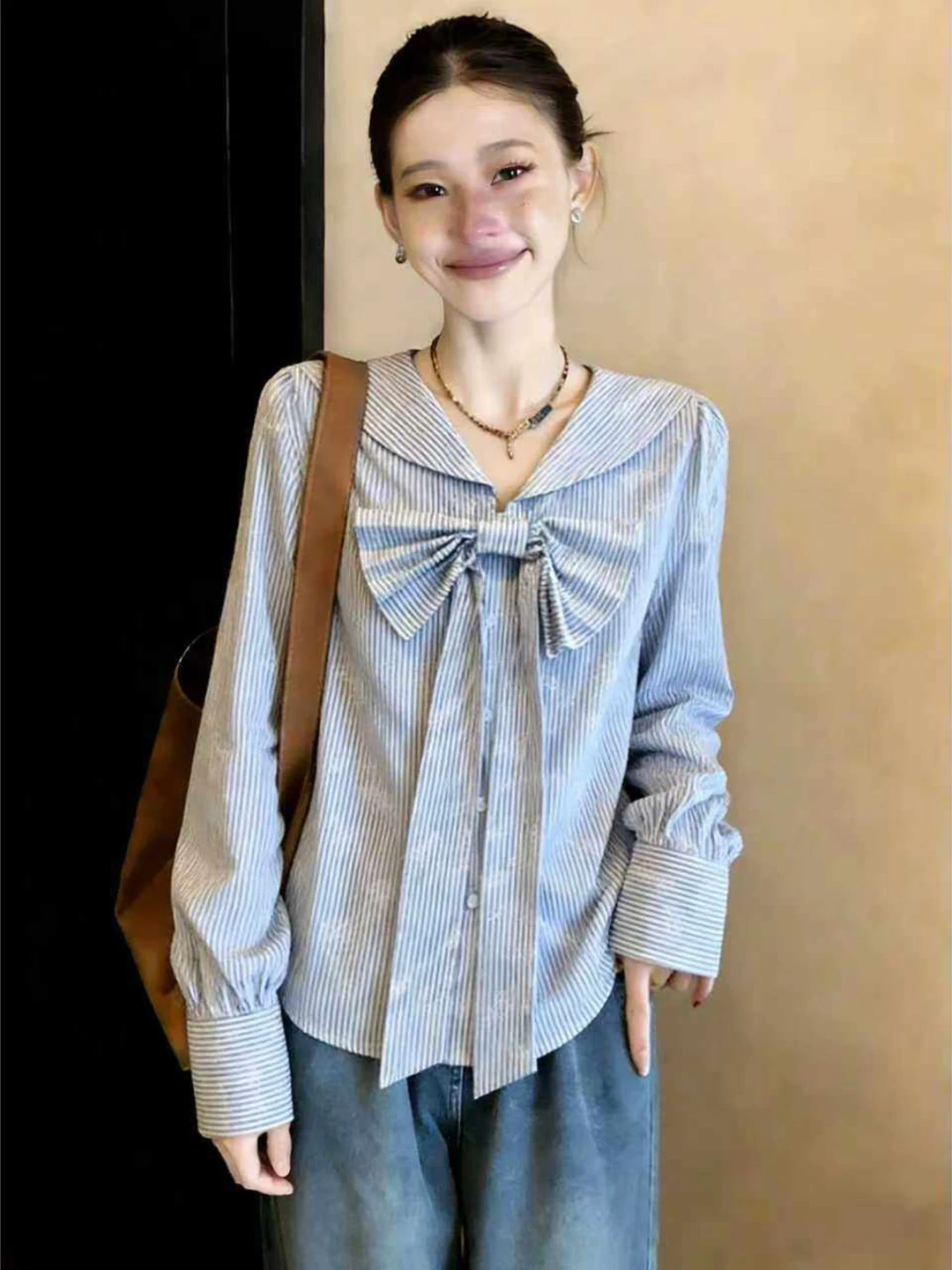 

Blue Striped Long Sve irt with Bow Tie Slimming Beautiful Spring 2026 Large Size Women's Faion Casual Button up Top