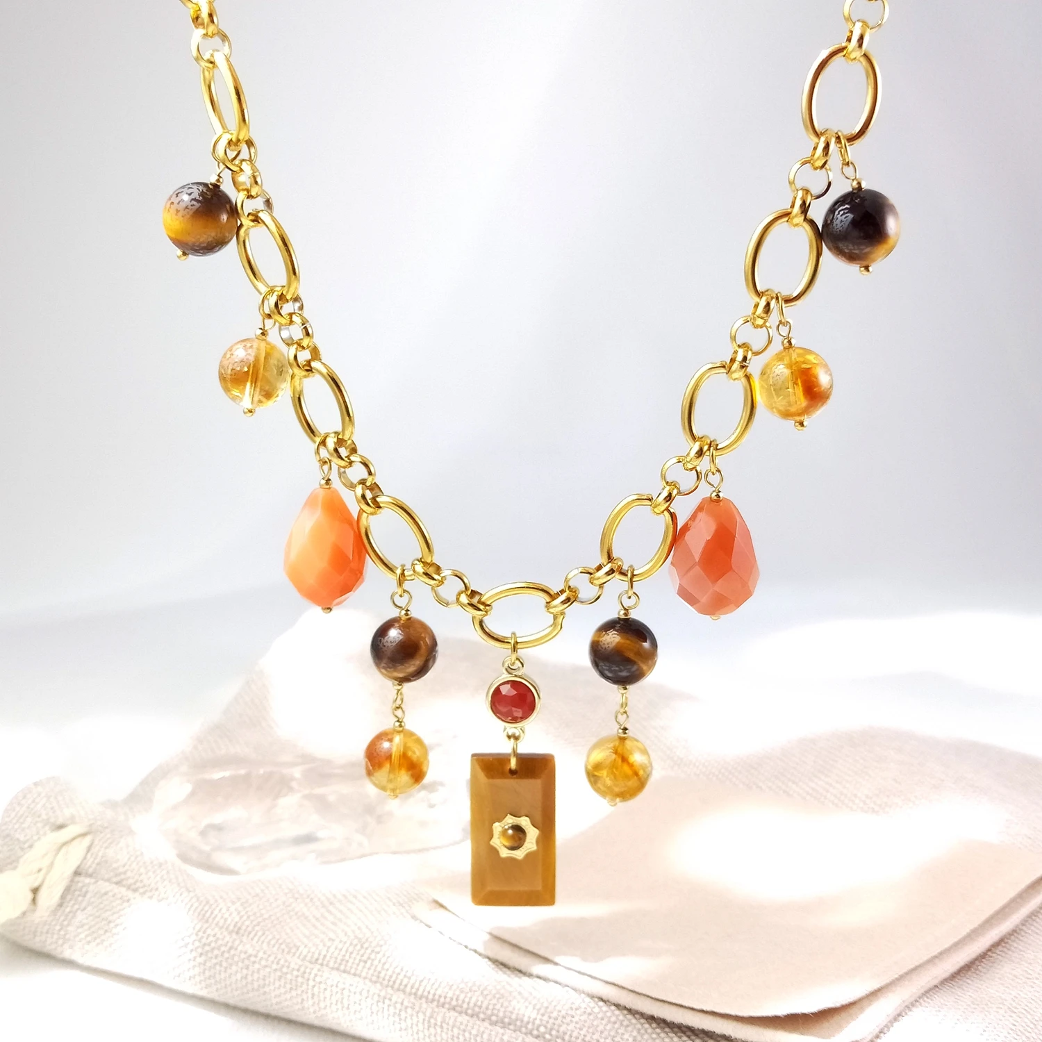 

Lii Ji Natural Colorful Stone Gold Color Stainless Steel Statement Necklace Handmade Jewelry For Women Fashion Gift