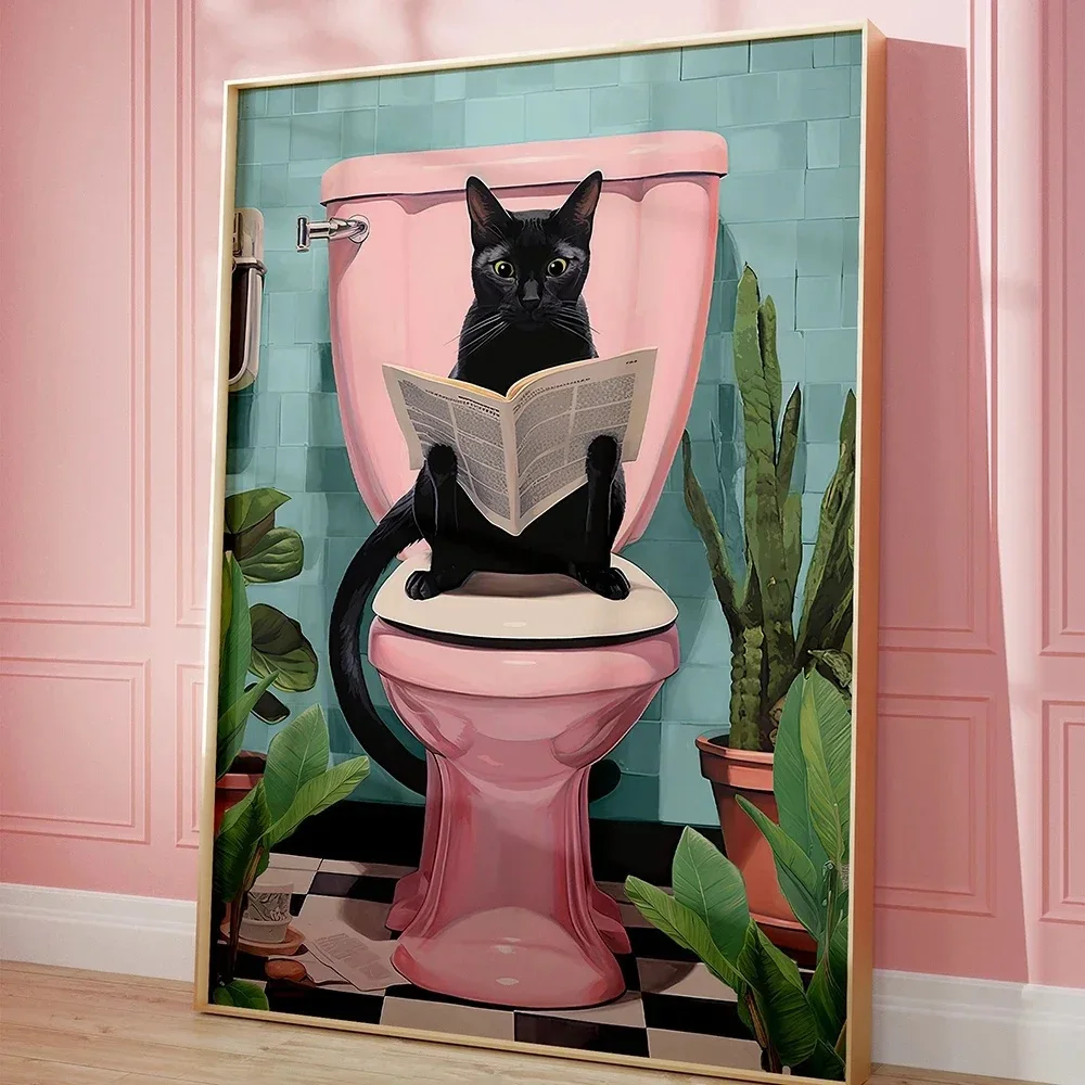 Modern Style Funny Black Cat Canvas Prints Cute Cat Reading Newspaper Wall Art Poster for Family Toilet & Bathroom Decor Cuadros