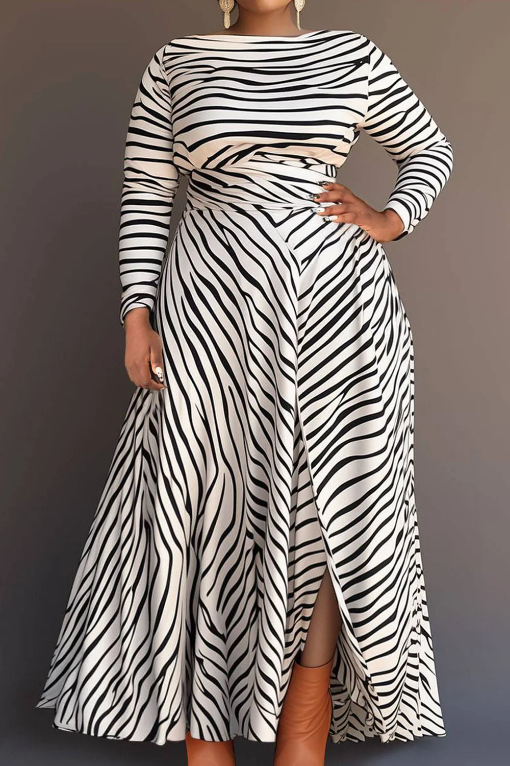 Plus Size Business Casual White Water Ripples Round Neck Long Sleeve Split Knitted Maxi Dresses