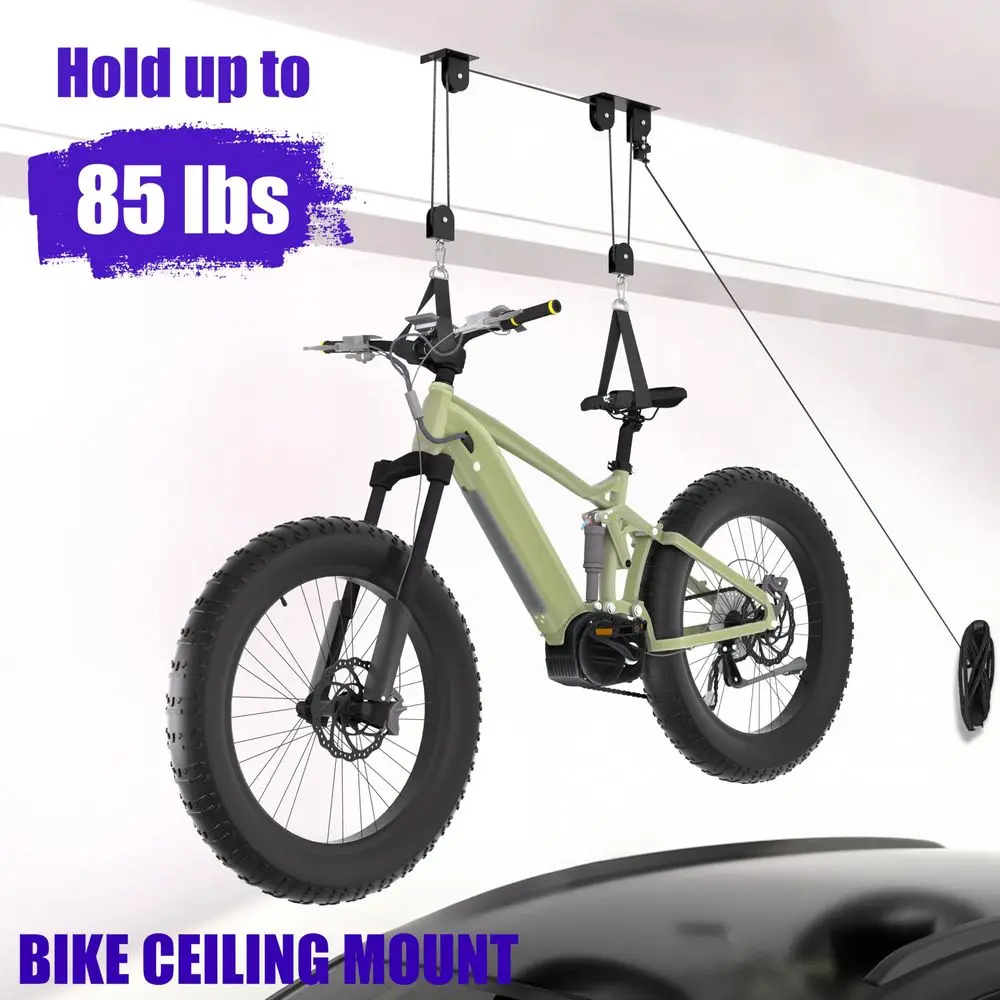 

Hoist, Heavy Duty Ebike Lift Pulley System for Garage Ceiling Overhead Storage for Bicycle, Ladders, Snowboard, Holds Up to 85 l