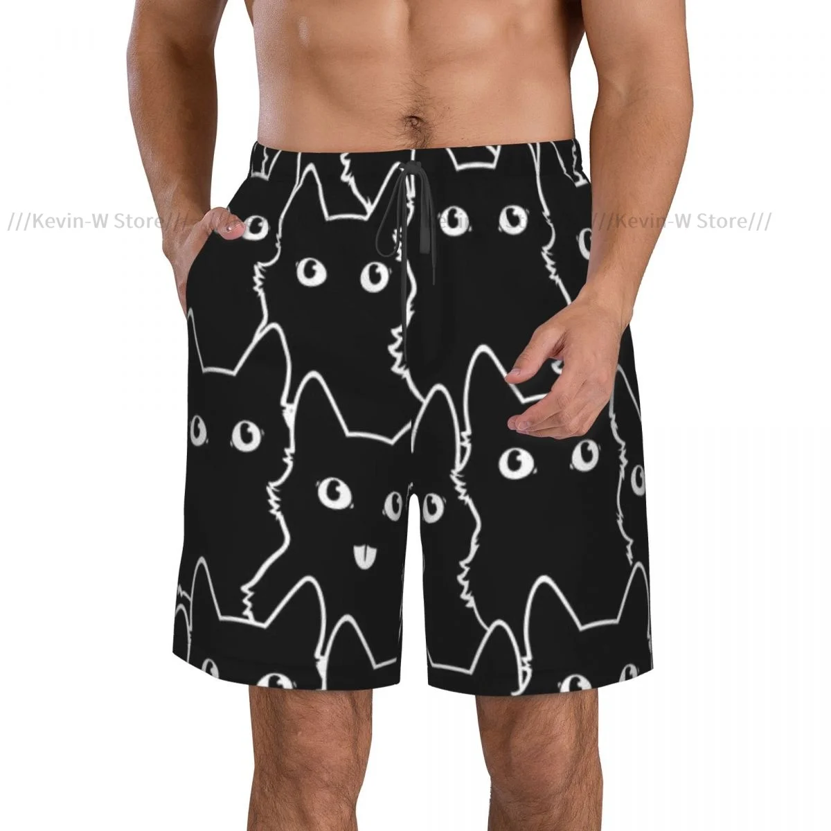 Summer Men Swimwear Breathable Quick Dry Trunks Cute Cat Silhouettes Beach Shorts for Running Training Surfing