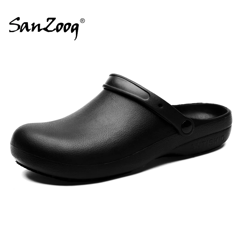 Pure Black Anti Skid Rubber Sandals Chef Shoes Kitchen Cook Waterproof Garden Shoes Clogs Without Holes Plus Big Size 47 48 49