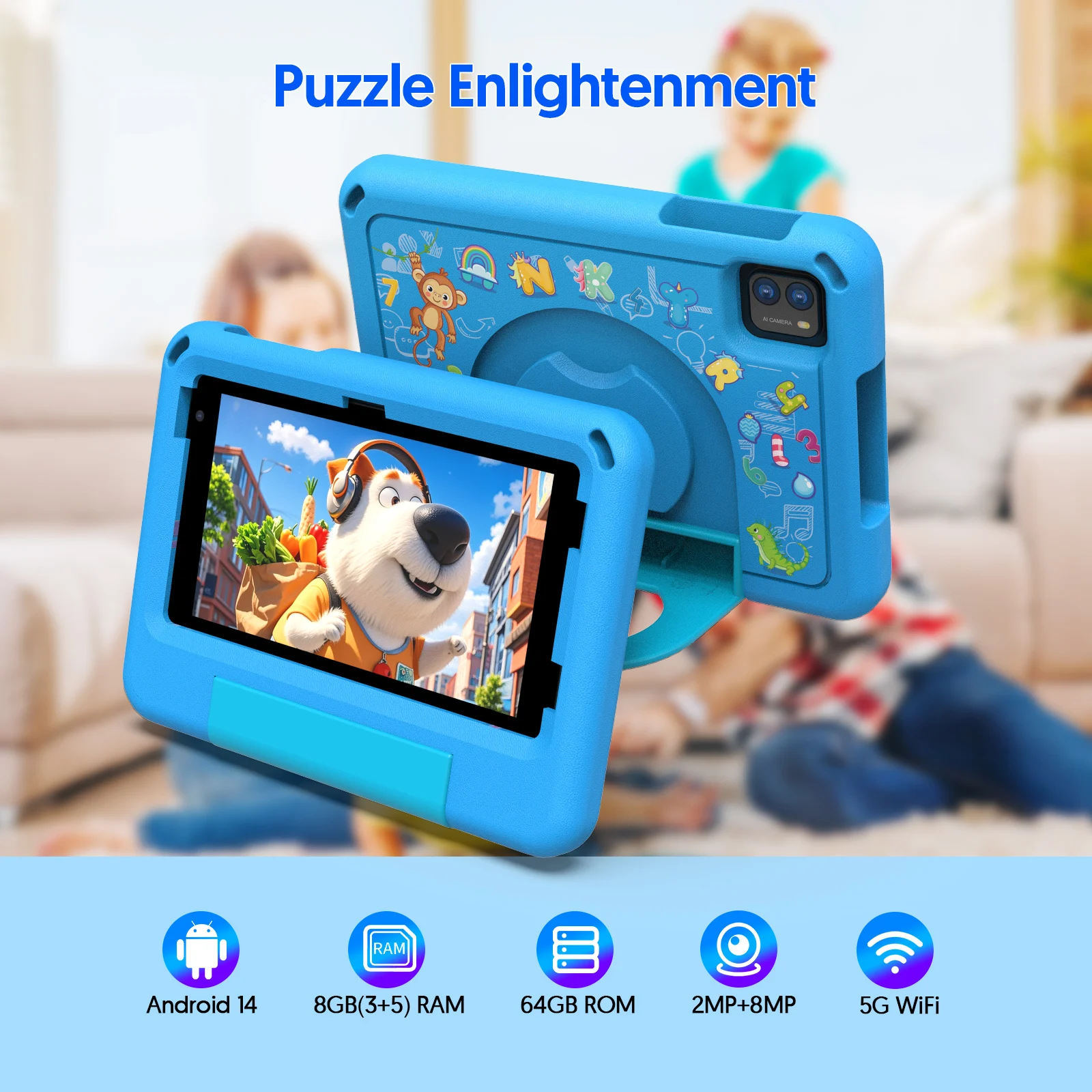 Tablet Android 14 da 7 pollici, 8 GB (espansione memoria 3 g+5 g) RAM+64 GB ROM, doppia fotocamera, WiFi, Bluetooth, batteria da 3500 mAh