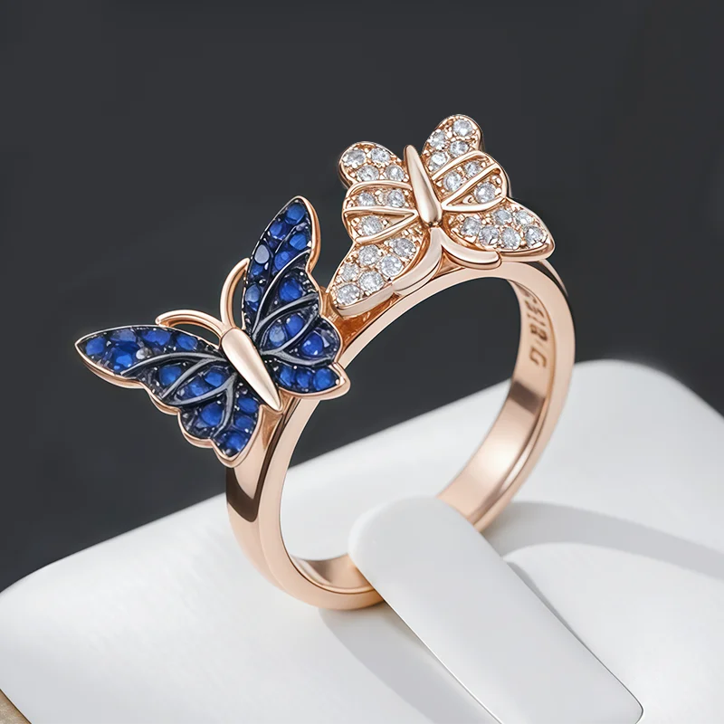 Wbmqda Einzigartiger Schmetterlingsring für Frauen, 585er Roségoldfarbe, luxuriöses Tierschmuck-Zubehör