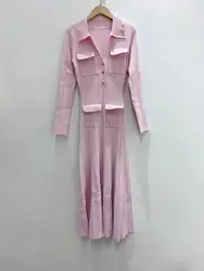 Women's pink knitted medium-length dress senior sense of fashion temperament polo collar waist-skimming long dress 2024 new