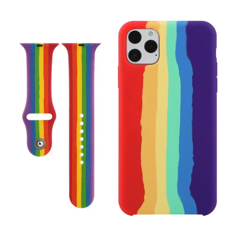 FF-9ml For Apple Watch 2 3 4 5 6 7 Band Strap + For iPhone 12 13 11 Pro Max X XS MAX XR 7 8 Plus Rainbow Pattern Case