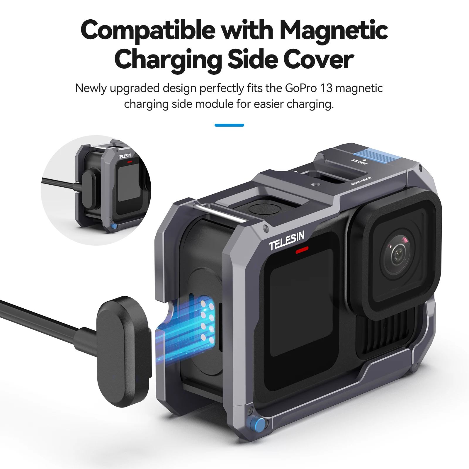 TELESIN Upgraded Metal Rabbit Cage Charging Protection Cold Shoe Adapter Aluminium Alloy Case For Gopro Hero 13 12 11 10 9