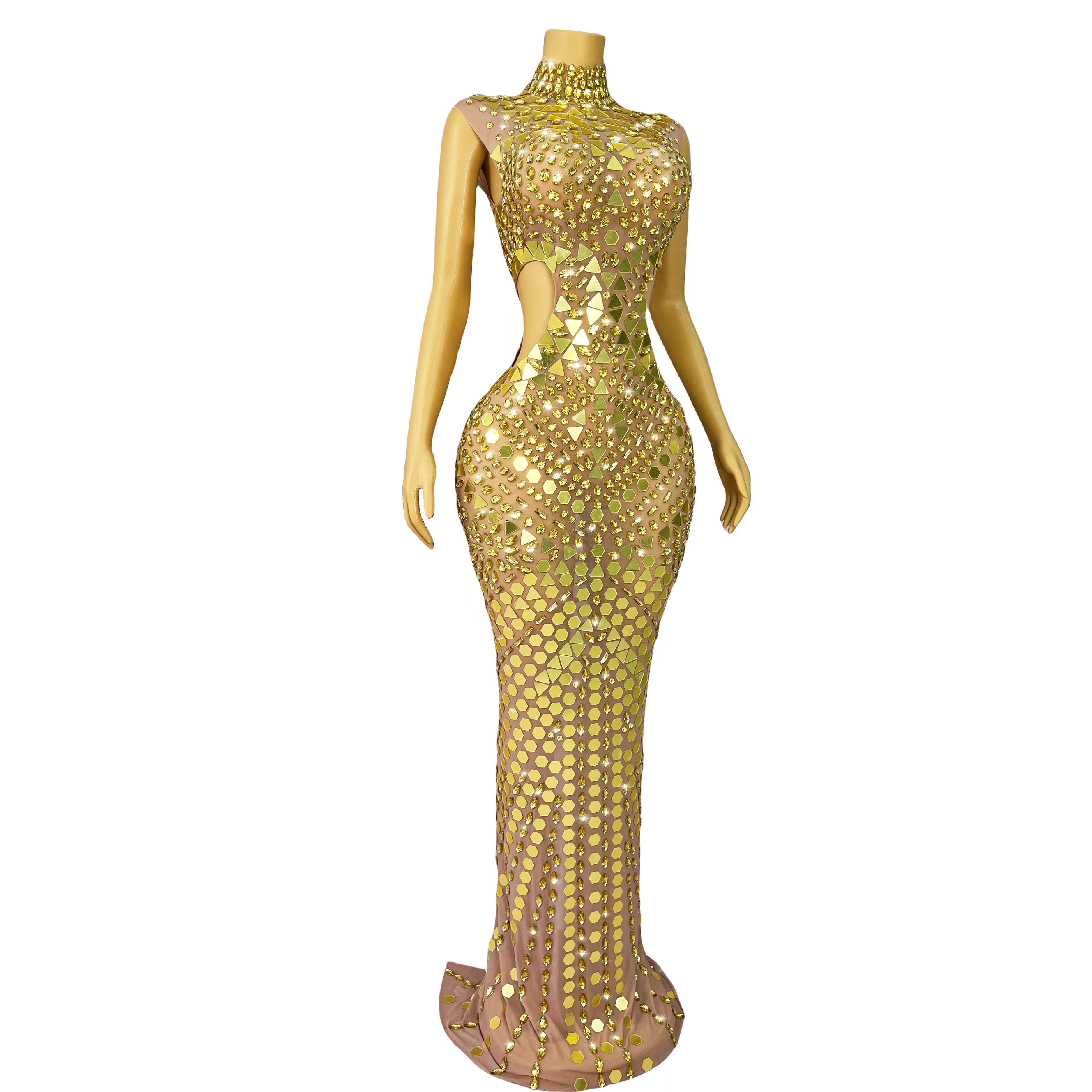 New Luxurious Gold Mirrors Rhinestones Hollow Waist Dress Floor Length Transparent Outfit Dance Costume Birthday loukongxing