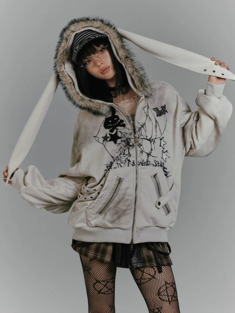 Y2KAmerican Retro Print Fur Hooded Sweatshirt Women Vintage Gray Rabbit Ears Tops Jacket Harajuku Punk Fashion Streetwear Autumn