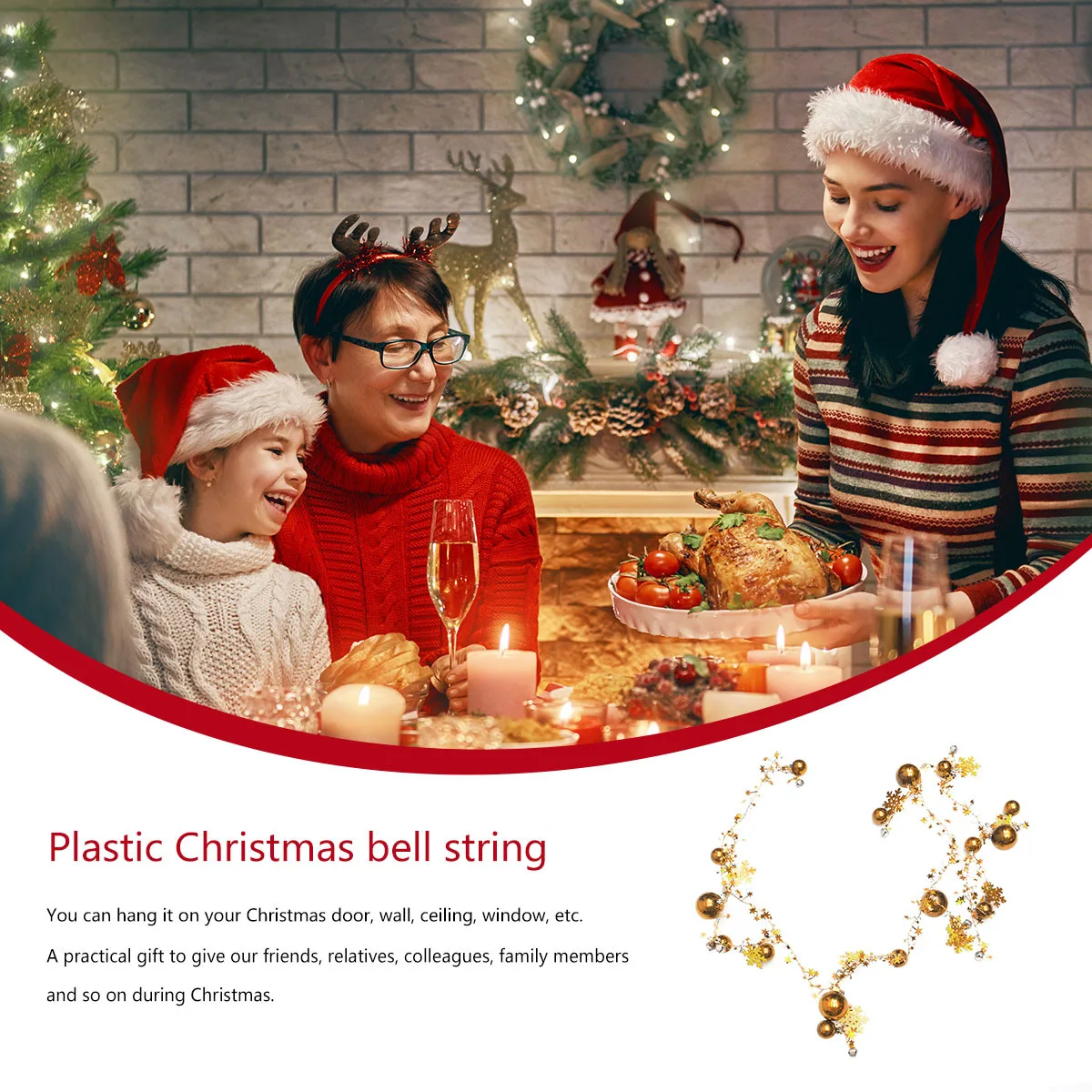 

1Pcs Christmas Bells Balls String Hanging Chain Plastic Ornament for Xmas Tree Wall Ceiling Festival Decoration