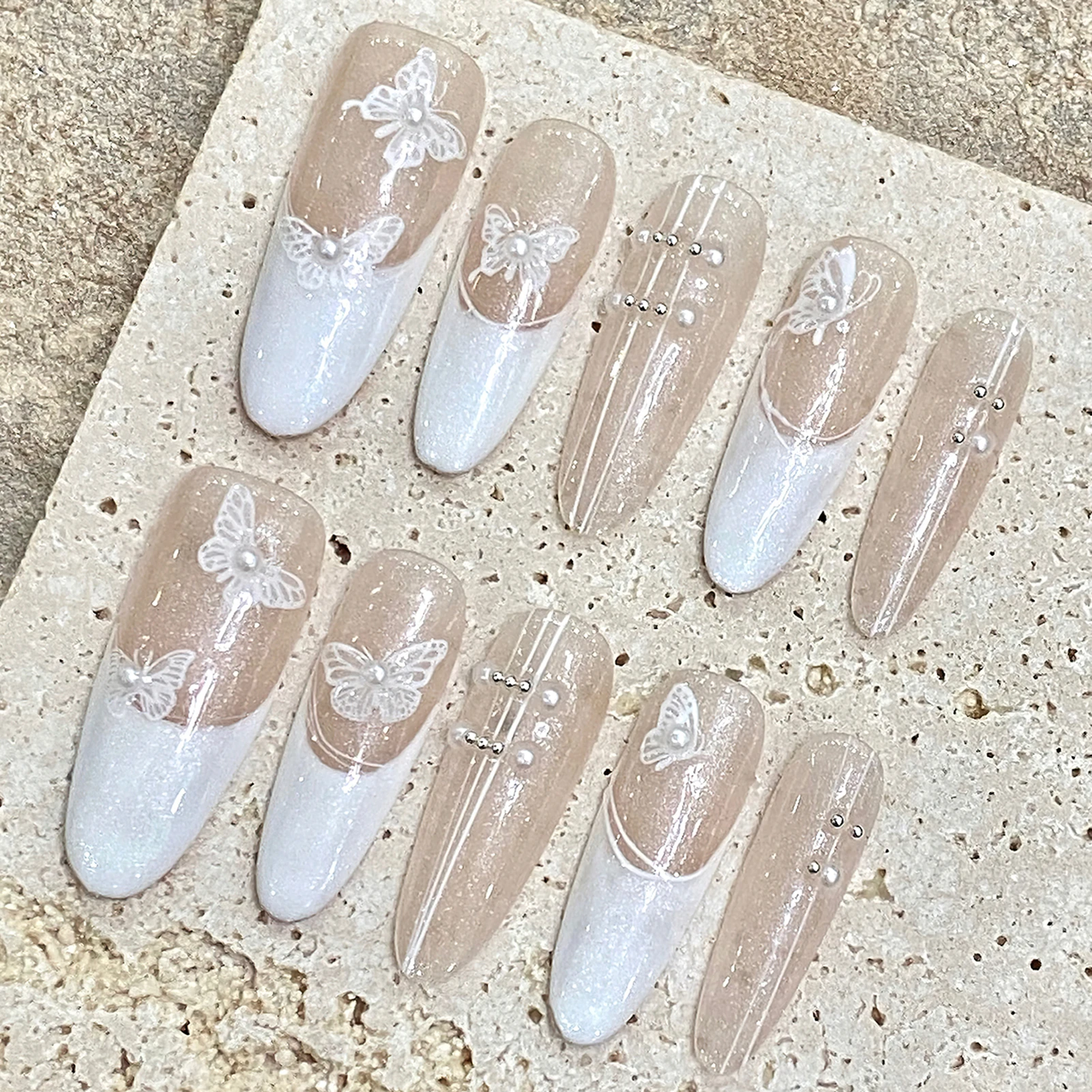 Uñas postizas francesas de almendra larga, 10 piezas, hechas a mano, con diseños de perlas de mariposa, a la moda, Uñas postizas Nude, cobertura completa