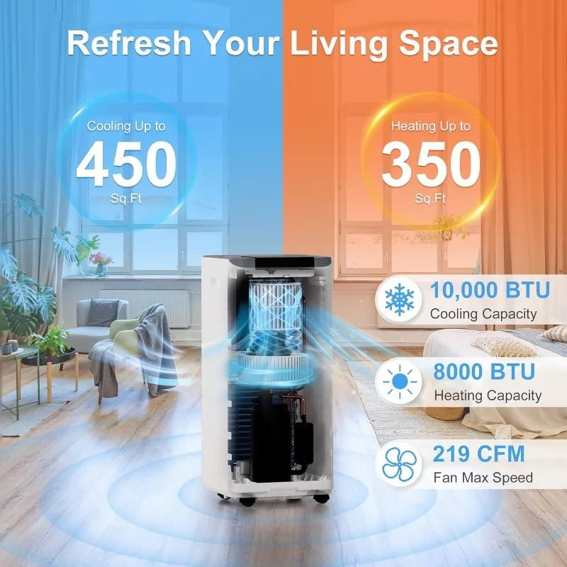 AC portabel 10,000 BTU untuk kamar sampai dengan 450 Sq.Ft, Unit AC portabel 4-in-1, pemanas, Dehumidifier & kipas dengan Remote