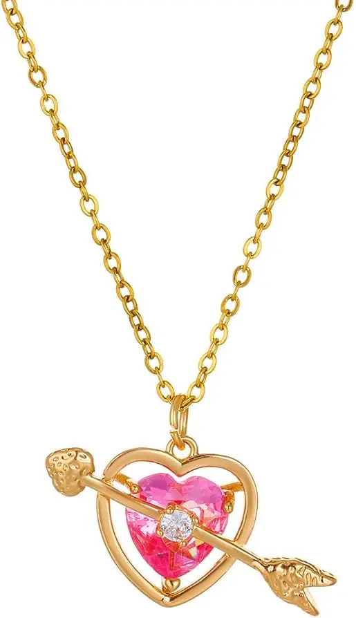 Pink Red Heart Necklace for Women Dainty Cute Y2k Crystal Heart with Arrow Pendant Necklace Aesthetic Jewelry Valentine Day