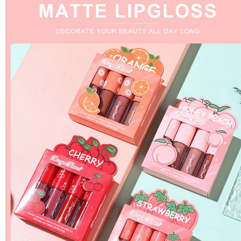 4 ชิ้น Mini Velvet Matte Lip Gloss Set ยาวนานไม่ซีดจางผลไม้กลิ่นหอม Lip Tint Smooth น้ําหนักเบา Non Stick