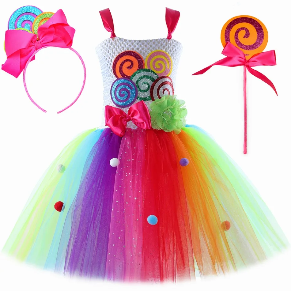

Girls Lollipop Candy Tutu Dress Costume for Kids Rainbow Tulle Princess Dress Girls Carnival Holiday Party Candyland Costumes
