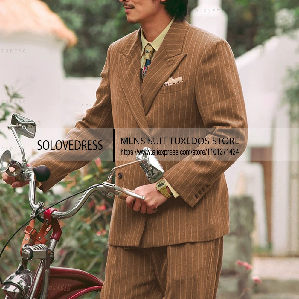 Men's Suits 2 Pieces Pinstripe Peaked Lapel Double Breasted Men Suits For Wedding （Blazer+Pants）