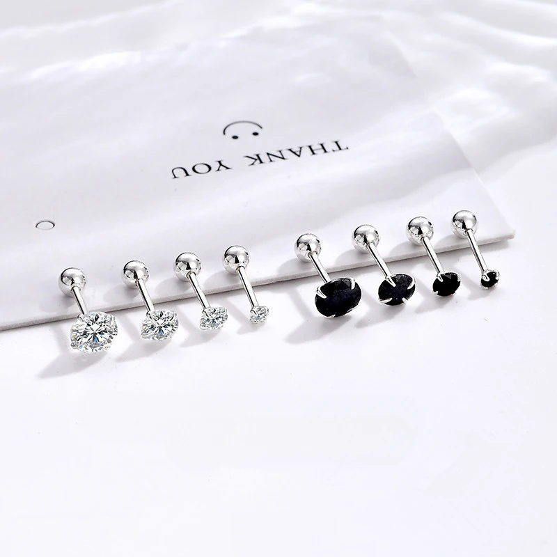 S999 Sterling Silver Simple stud earring for Women White Black Zircon Screw-back Exquisite Small Korean Style Ear Accessories