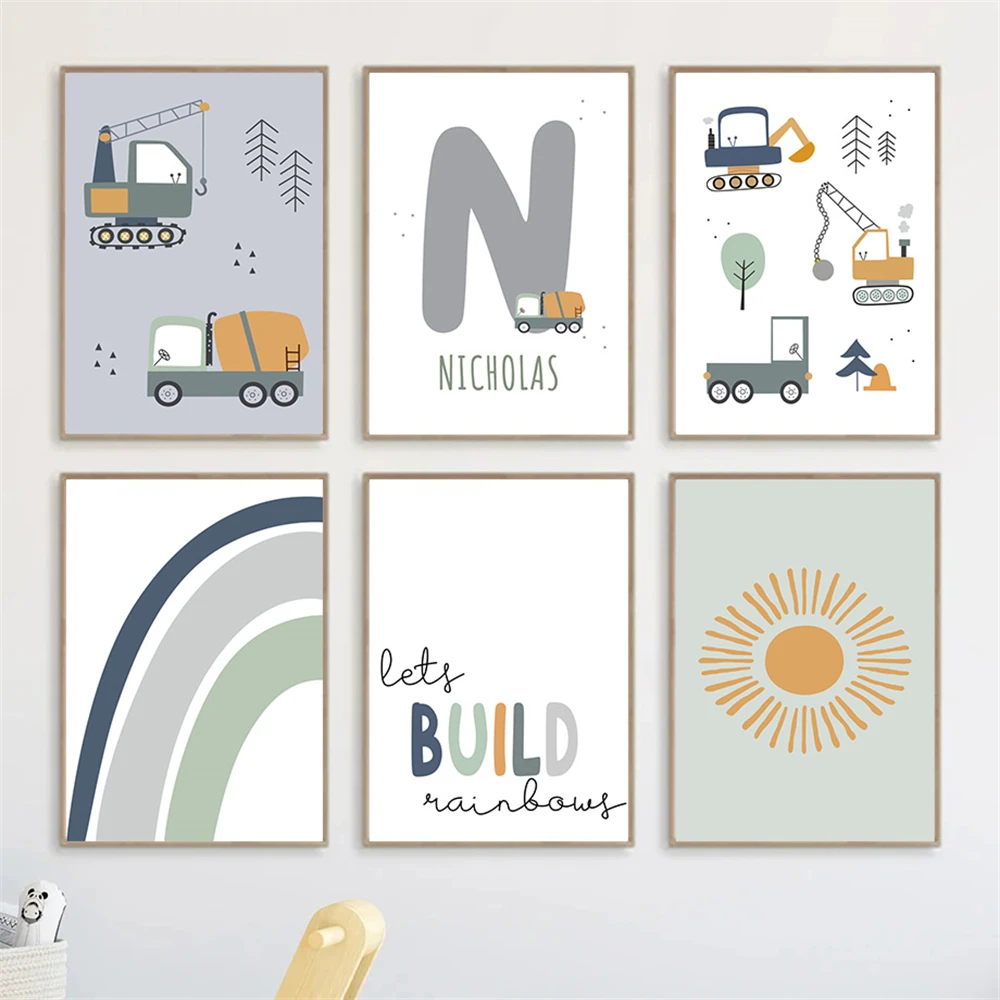 

Cartoon Excavator Crane Truck Posters Custom Name Canvas Picture Sun Wall Art Painting Nursery Print Kids Boy Room Decoration