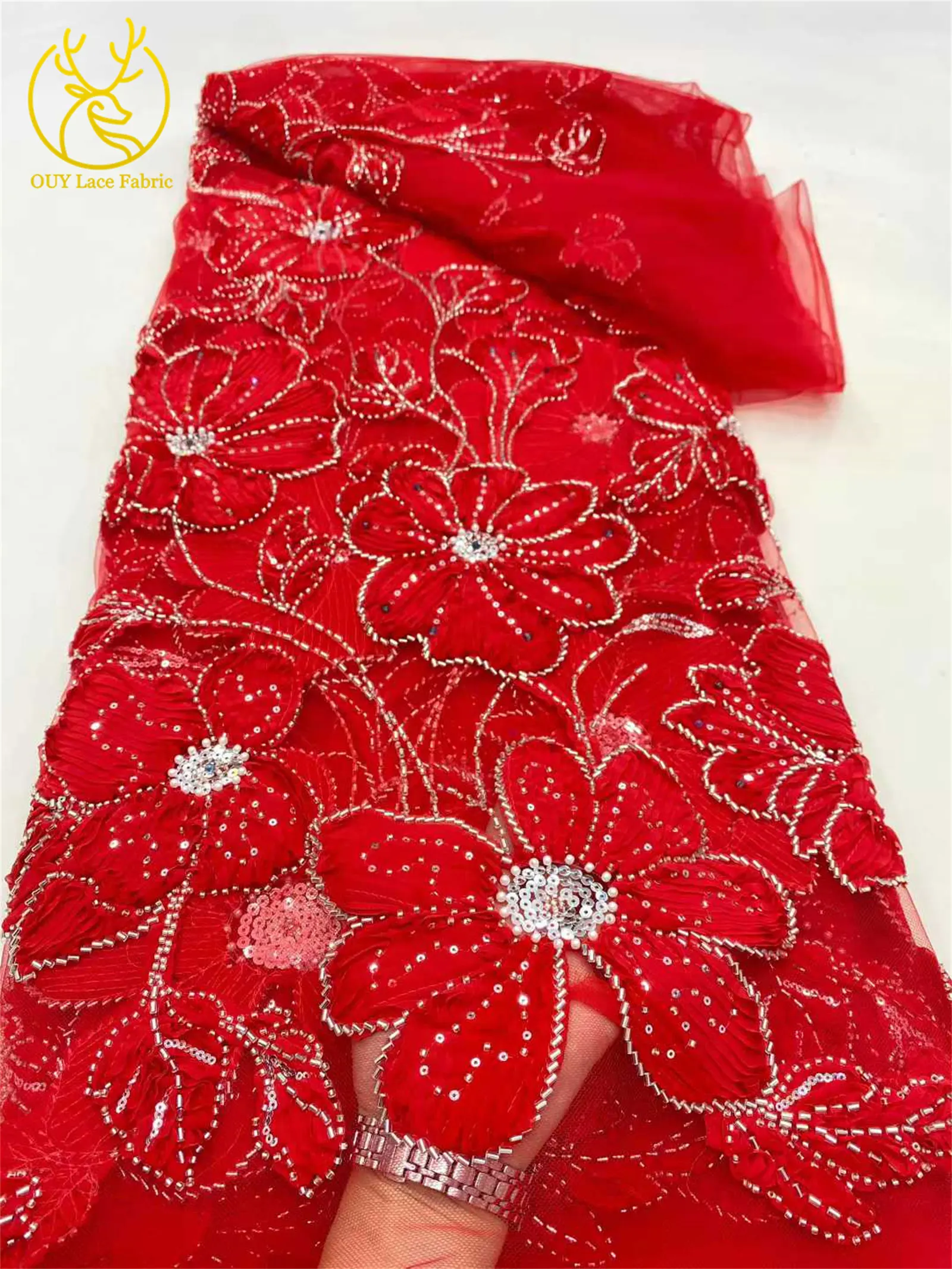 Africano Nigeriano Paillettes In Rilievo Tulle Tessuto di Pizzo 2025 di Alta Qualità Francese 3D Fiore Ricamo Per Abiti Da Ballo di Lusso 5 Metri