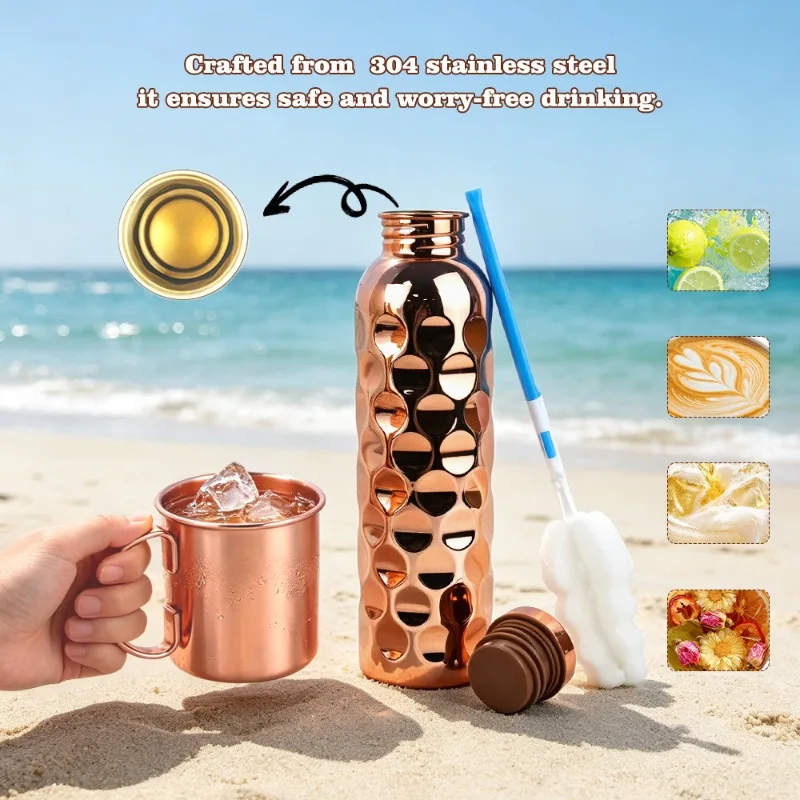 Dimple Electroplated Water Jug 1L 500ml Mug Set Copper Gold Color Portable Drinking Bottle Kit With Cup Brush