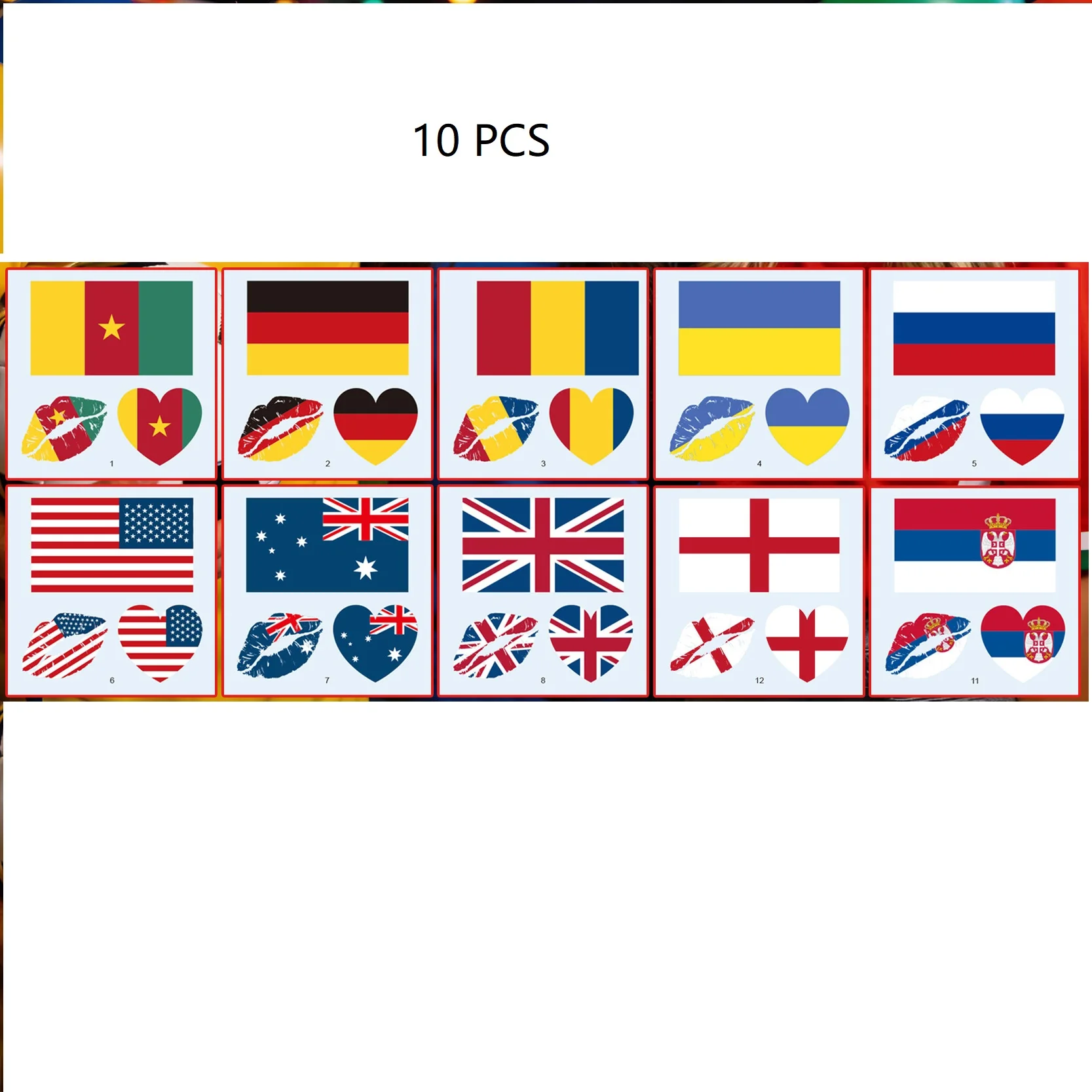 10pcs Temporary Tattoo Stickers Multi-Use Country Flags for All Football Tournaments Face Body Waterproof Decals for Soccer Fans