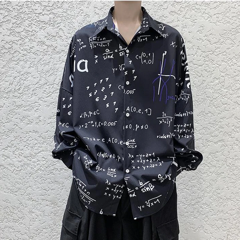 Streetwear Street Casual Man Korean Loose Tops Turn-down Collar Handsome Printing Button  Shirts Long Sleeve Men\'s Clothing 2023