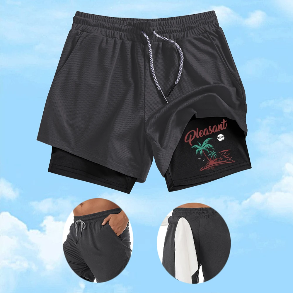 

Мужские плавки для серфинга с принтом кокосовых пальм, спортивные шорты 2 в 1 для ежедневных занятий фитнесом и велоспортом, быстросохнущая дышащая пляжная одежда