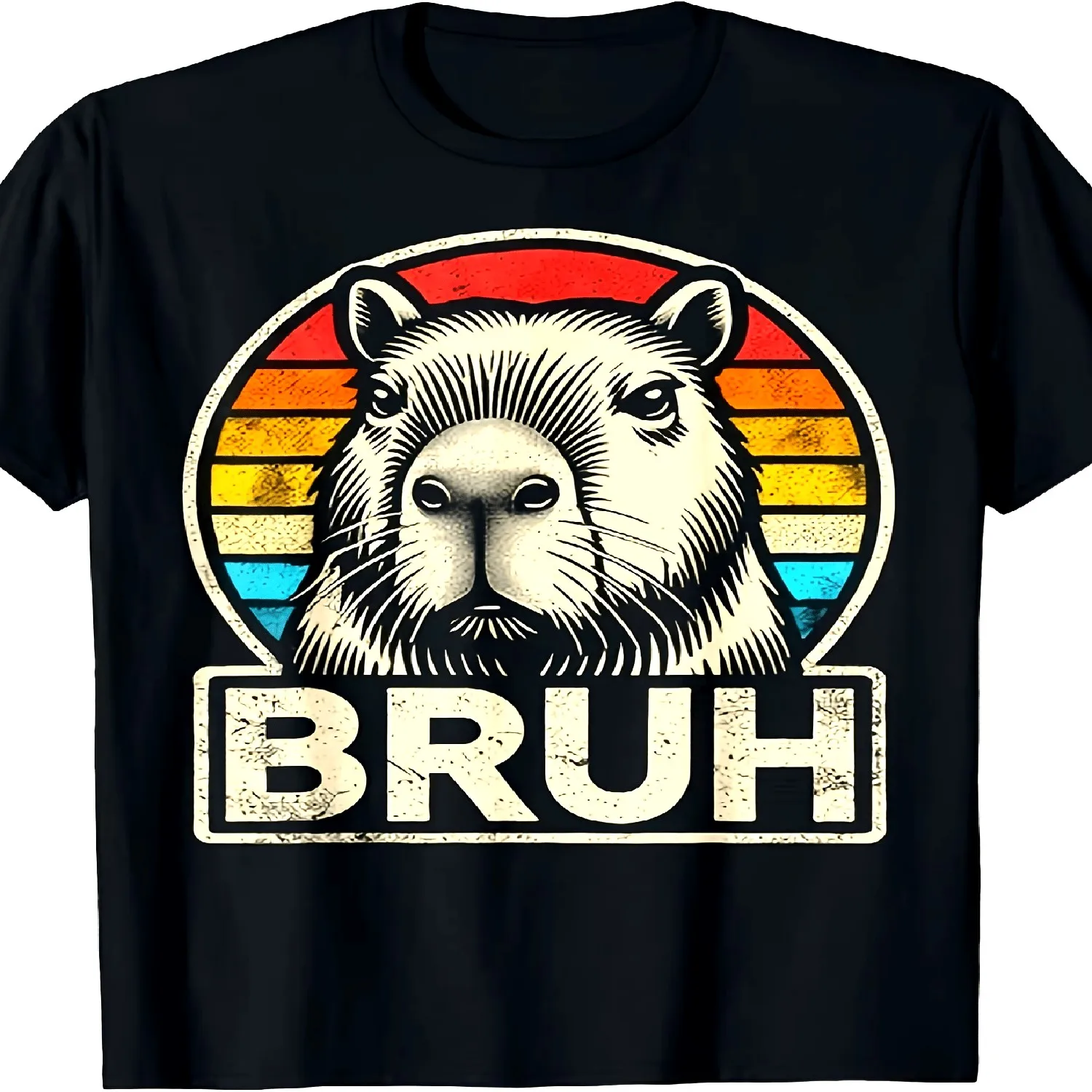 Funny Capybara Bruh Meme T-Shirt _ Retro 80s Inspired Vintage Graphic Tee with Capybara Face Rainbow Design - Unisex Adult Casual Shirt for Men Women - 220gsm Heavyweight - Crew Neck, Regular F 100% cotton t shirt, Gift tshirt