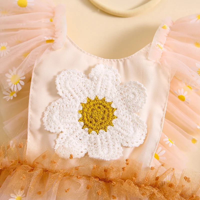 Infant Newborn Baby Girl Summer Clothing Sweet Flower Embroidery Fly Sleeve Mesh Romper Dress Jumpsuit And Headband Outfits