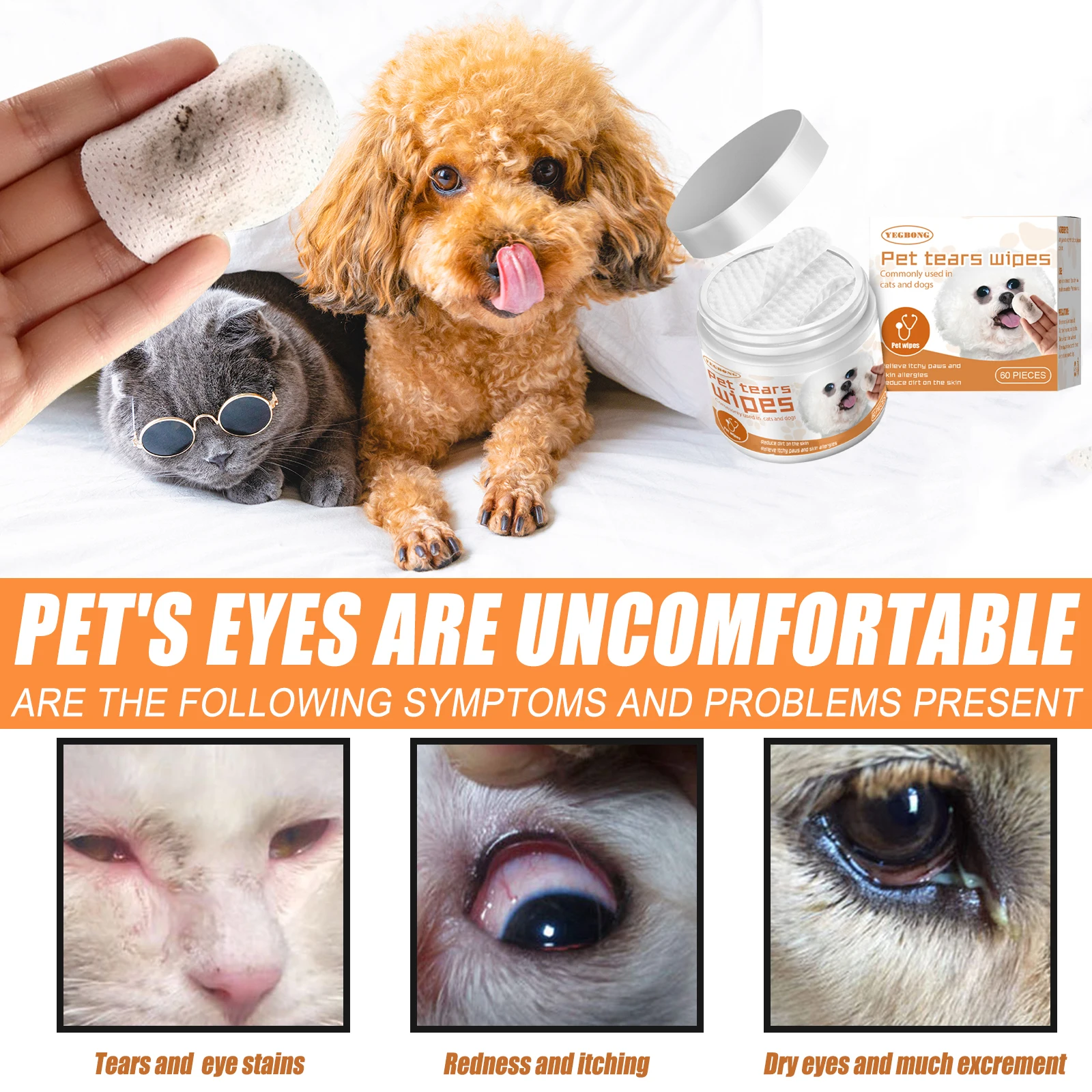 60PCS Pet Tear Stain Wet Wipes Gentle Cleaning Dirts Non-irritating Soothing Itching Relief Allergies Pet Tear Stain Remover
