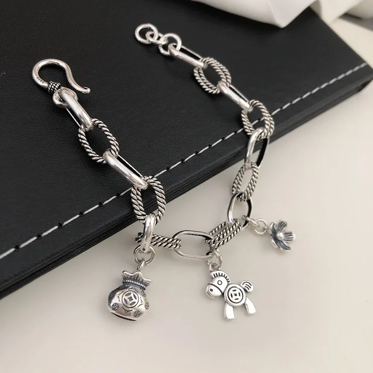 New Arrival Trendy Horse & Flower Retro Thai Silver Female Charm Bracelet Promotion Jewelry For Women Birthday Gifts No Fade