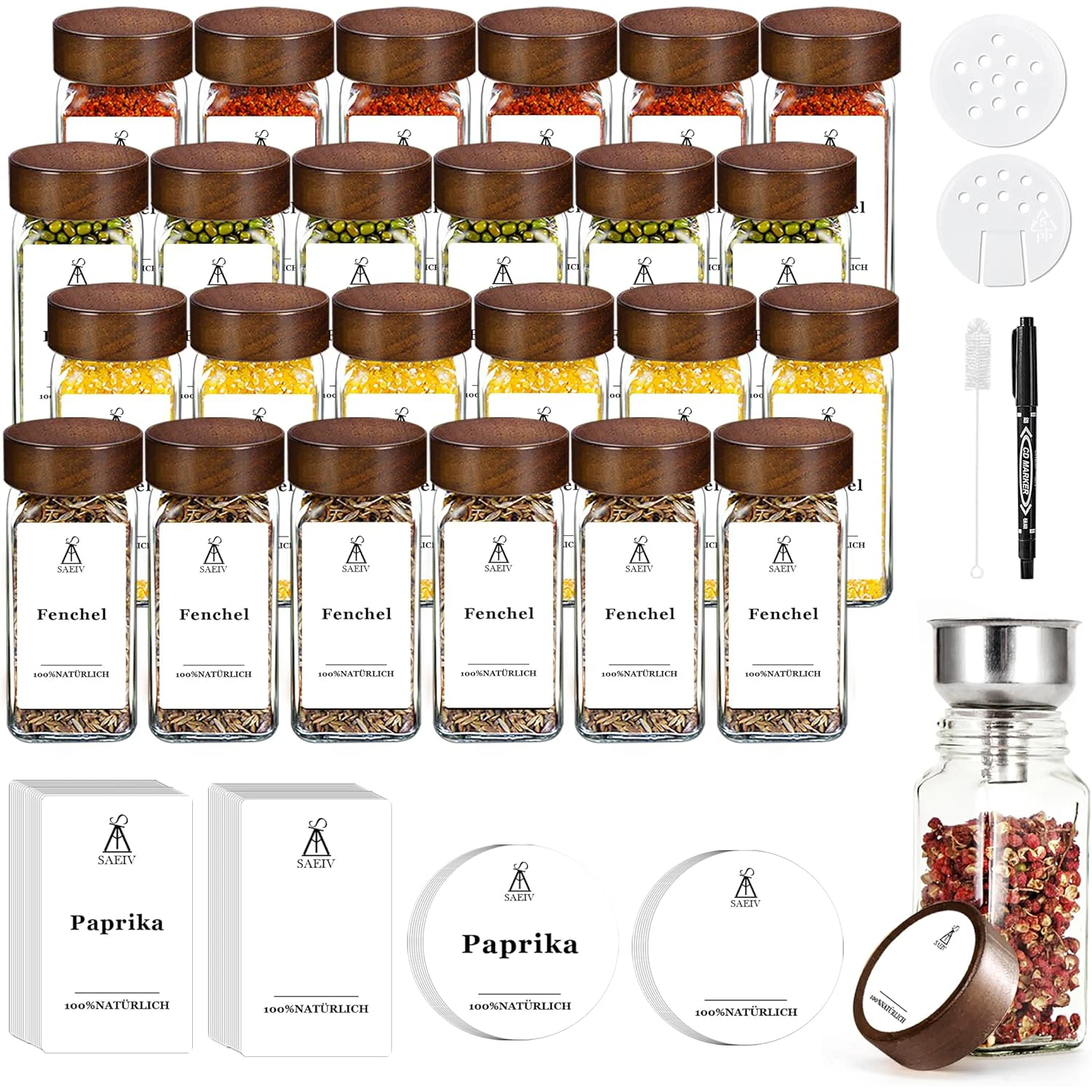 Frascos de especias con tapas de madera de Acacia, recipientes de vidrio transparente de 120ml con etiquetas de especias, botellas de especias de cocina, 12/24/35 Uds.