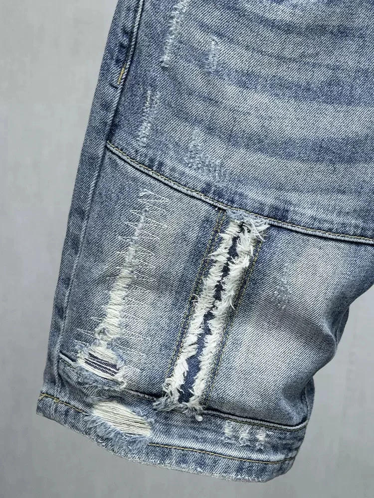 Summer Fashion Designer Men Jeans Spliced Retro Blue Elastic Stretch Ripped Short Jeans Homme Patched Hip Hop Denim Shorts Men