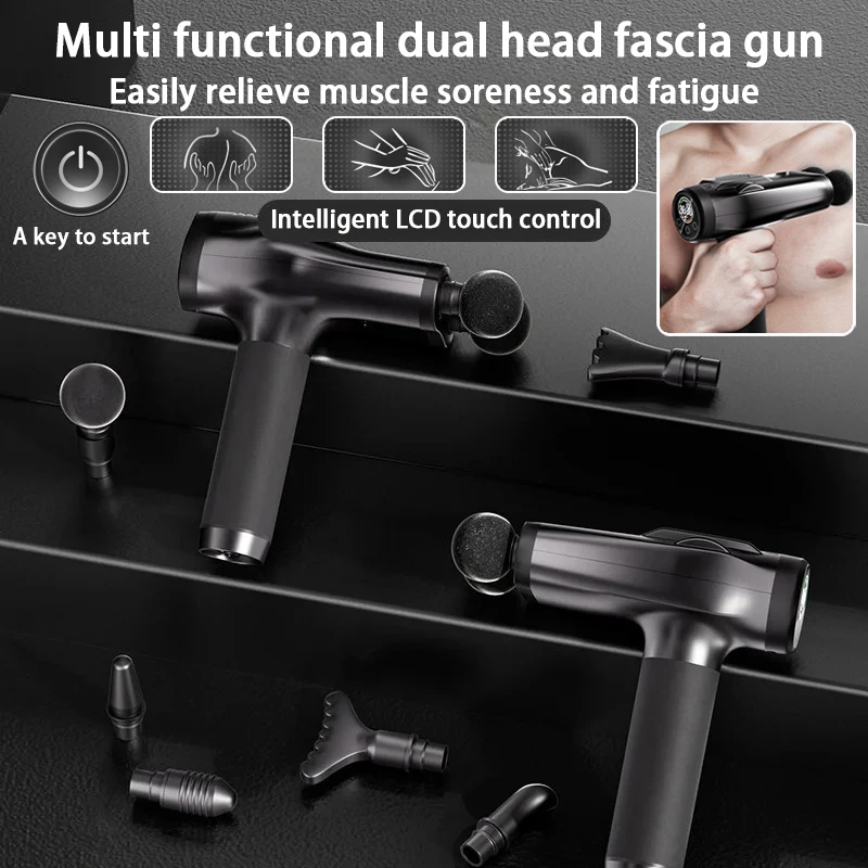 

Multi functional dual head fascia gun portable professional grade home yoga fitness muscle relaxation massager adjusts impact