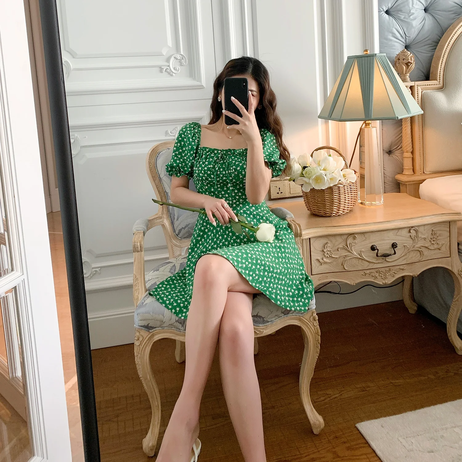 Floral Print Puff Sve Square Collar ort Dr Women's Summer Vintage Wood ain  Bubble Sve Floral Dr