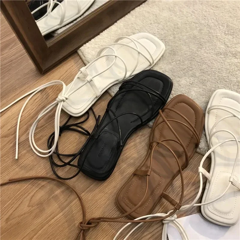 Sandals Women Summer New 2025 Beach Fashion Sexy Flat Casual Cross-Tie Open Toe Fairy Style Narrow Band Shoes Black Rome Sandals