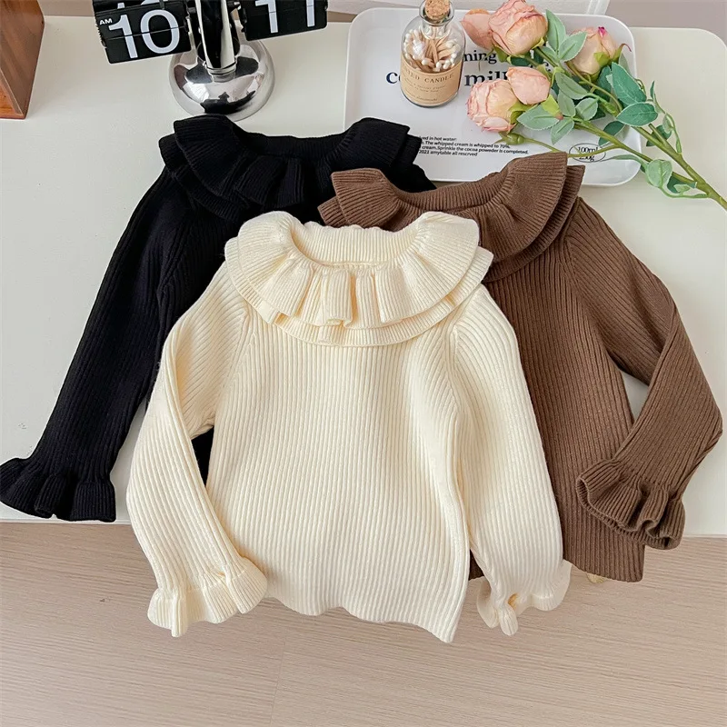 

Petal Collar Sweater for Girls Korean Kids Spring Autumn Thicked Warm Knitted Pullover Slim Long Sleeve Bottoming Tops