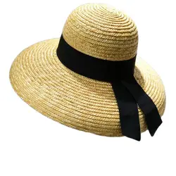 Wide Brim Women Sun Hat Wheat Straw Summer Beach Hat Elegant Cap UV Protection Black long Ribbon Bow Derby Travel Hats