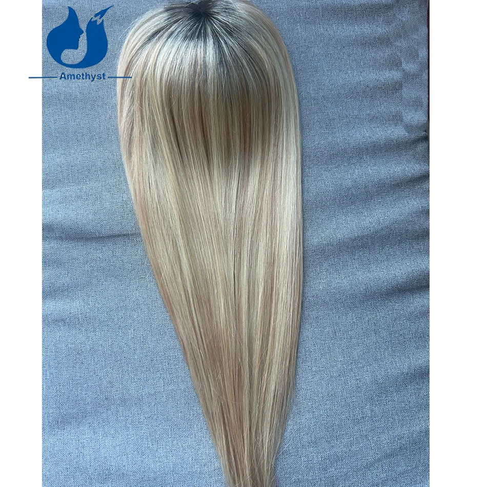 Amethyst Gerade Ombre Weibliche Seide Basis Haar Topper Clip In Europäischen Remy Haar Highlight Blonde Haarteile Reines Menschenhaar